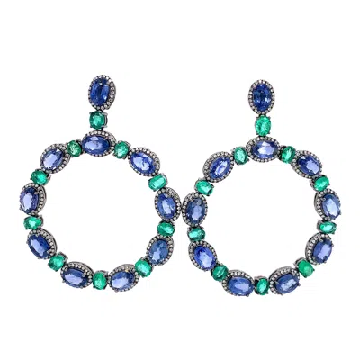 Pre-owned Ruchi New York Ruchi Blue Sapphire, Emerald And Diamond Black Rhodium Dangle Earrings In Green