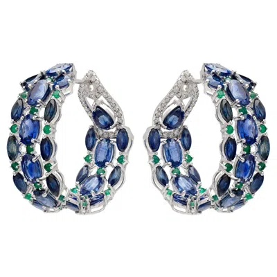 Pre-owned Ruchi New York Ruchi Blue Sapphire, Emerald And Diamond White Gold Hoop Earrings