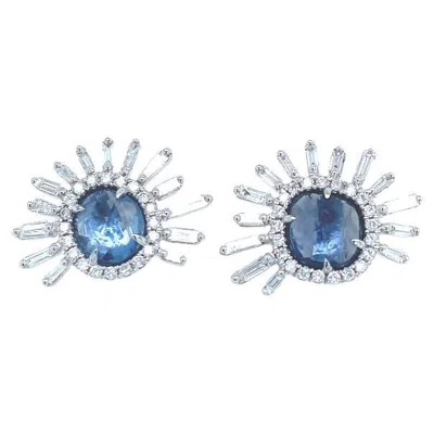 Pre-owned Ruchi New York Ruchi Blue Sapphire With Baguette Diamond Stud Earrings
