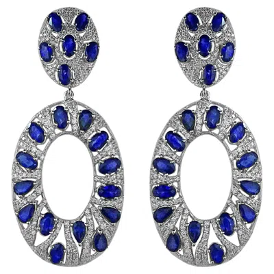 Pre-owned Ruchi New York Ruchi Brilliant Cut Diamond And Oval Blue Sapphire White Gold Dangle Earrings
