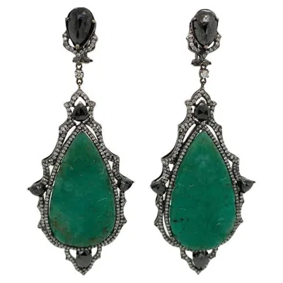 Pre-owned Ruchi New York Ruchi Carved Emerald, Black And White Diamond Black Rhodium Chandelier Earrings