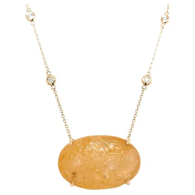 Pre-owned Ruchi New York Ruchi Carved Yellow Sapphire With Diamond Yellow Gold Pendant Necklace