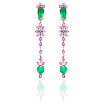 Pre-owned Ruchi New York Ruchi Colombian Emerald And Pink Sapphire Rose Gold Linear Earrings In Red