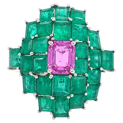Pre-owned Ruchi New York Ruchi Colombian Emerald And Pink Sapphire White Gold Cocktail Ring