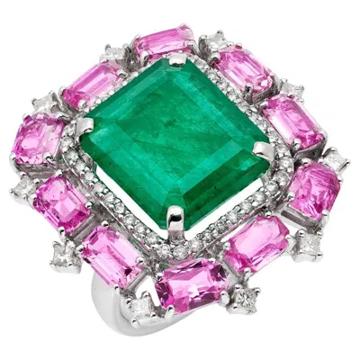 Pre-owned Ruchi New York Ruchi Colombian Emerald And Pink Sapphire With Diamond White Gold Cocktail Ring