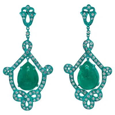 Pre-owned Ruchi New York Ruchi Colombian Emerald Cabochon And Diamond Green Rhodium Dangle Earrings