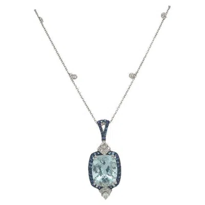 Pre-owned Ruchi New York Ruchi Cushion Aquamarine, Blue Sapphire And Diamond White Gold Pendant Necklace