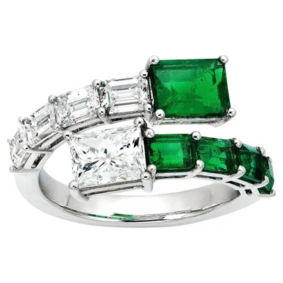 Pre-owned Ruchi New York Ruchi Diamond And Emerald White Gold Toi Et Moi Bypass Ring