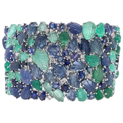 Pre-owned Ruchi New York Ruchi Diamond, Carved Emerald And Blue Sapphire Leaf White Gold Wide Bracelet