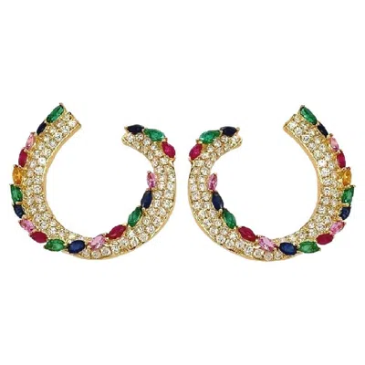 Pre-owned Ruchi New York Ruchi Diamond, Emerald And Multi-colored Sapphire Yellow Gold C-shape Earrings