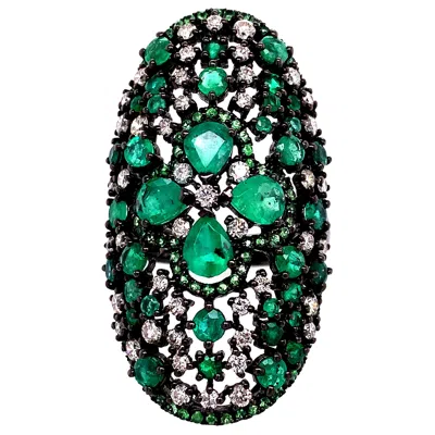 Pre-owned Ruchi New York Ruchi Emerald And Green Garnet Cluster Black Rhodium Gold Oval Cocktail Ring