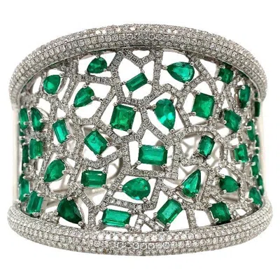 Pre-owned Ruchi New York Ruchi Emerald And Pavé Diamond White Gold Hinge Cuff Bangle