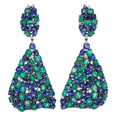 Pre-owned Ruchi New York Ruchi Emerald, Blue Sapphire And Diamond Black Rhodium Chandelier Earrings