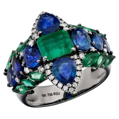 Pre-owned Ruchi New York Ruchi Emerald, Blue Sapphire And Diamond Black Rhodium Statement Ring