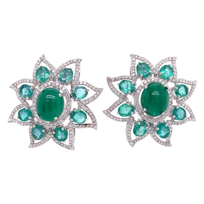 Pre-owned Ruchi New York Ruchi Emerald Cabochon & Diamond White Gold Flower Clip-on Stud Earrings