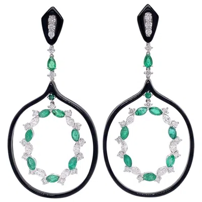 Pre-owned Ruchi New York Ruchi Emerald, Diamond, And Black Agate White Gold Dangle Earrings