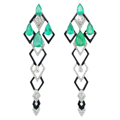 Pre-owned Ruchi New York Ruchi Emerald, Diamond And Black Agate White Gold Drop Earrings