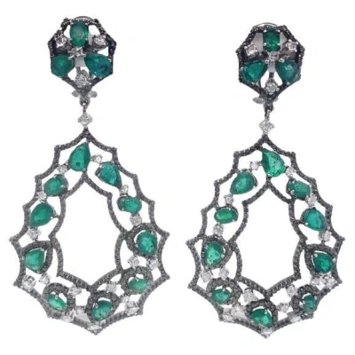 Pre-owned Ruchi New York Ruchi Emerald, Diamond And Black Diamond Black Rhodium Chandelier Earrings