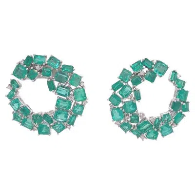 Pre-owned Ruchi New York Ruchi Emerald With Brilliant Diamond White Gold C-shape Earrings
