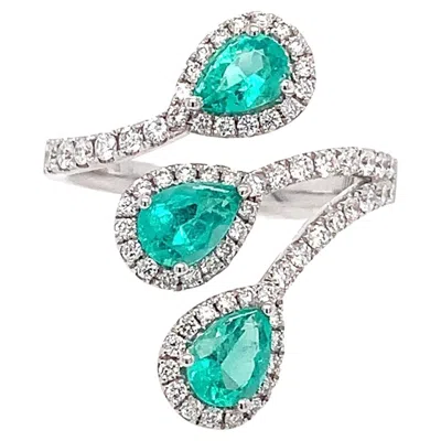 Pre-owned Ruchi New York Ruchi Emerald With Diamond Halo White Gold Bypass Ring