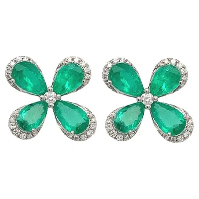 Pre-owned Ruchi New York Ruchi Emerald With Diamond Halo White Gold Flower Stud Earrings