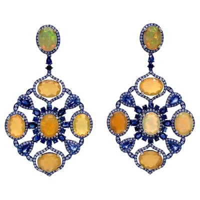Pre-owned Ruchi New York Ruchi Ethiopian Opal, Blue Sapphire & Diamond Blue Rhodium Chandelier Earrings