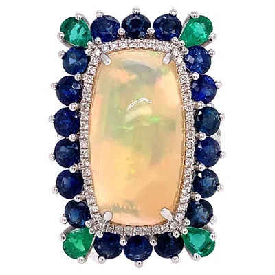 Pre-owned Ruchi New York Ruchi Ethiopian Opal, Colombian Emerald & Blue Sapphire White Gold Cocktail Ring