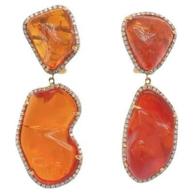 Pre-owned Ruchi New York Ruchi Fire Opal With Pavé Diamond Yellow Gold Clip-on Dangle Earrings
