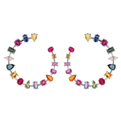 Pre-owned Ruchi New York Ruchi Knife-edge Multi-colored Sapphire C-shape White Gold Hoop Earring