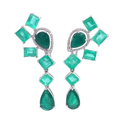 Pre-owned Ruchi New York Ruchi Mixed Shape Emerald With Diamond Accents White Gold Dangle Earrings
