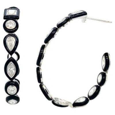 Pre-owned Ruchi New York Ruchi Mixed-shape Diamond And Black Agate White Gold Hoop Earrings