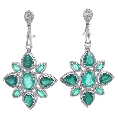 Pre-owned Ruchi New York Ruchi Mixed-shape Emerald And Diamond White Gold Flower Chandelier Earrings