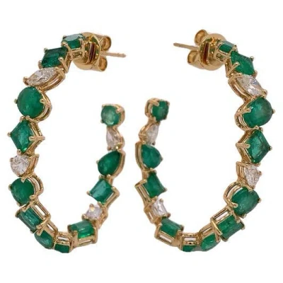 Pre-owned Ruchi New York Ruchi Mixed-shape Emerald And Diamond Yellow Gold Hoop Earrings