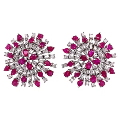 Pre-owned Ruchi New York Ruchi Mixed-shape Ruby And Baguette Diamond White Gold Clip On Earrings