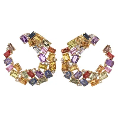 Pre-owned Ruchi New York Ruchi Multi-colored Sapphire And Diamond Yellow Gold C-shape Earrings