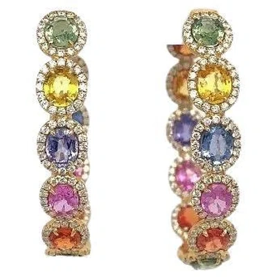 Pre-owned Ruchi New York Ruchi Multi-colored Sapphire And Pavé Diamond Yellow Gold Hoop Earrings