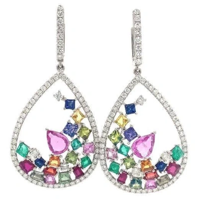 Pre-owned Ruchi New York Ruchi Multi-colored Sapphire, Emerald And Diamond White Gold Teardrop Earrings