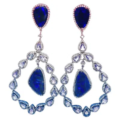 Pre-owned Ruchi New York Ruchi Opal, Tanzanite With Diamond Halo Multi-colored Tinted Rhodium Earrings
