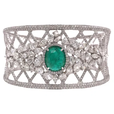 Pre-owned Ruchi New York Ruchi Oval Colombian Emerald And Diamond White Gold Hinge Bangle