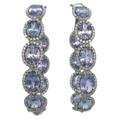 Pre-owned Ruchi New York Ruchi Oval Shaped Tanzanite & Pavé Diamond Black Rhodium Hoop Earrings