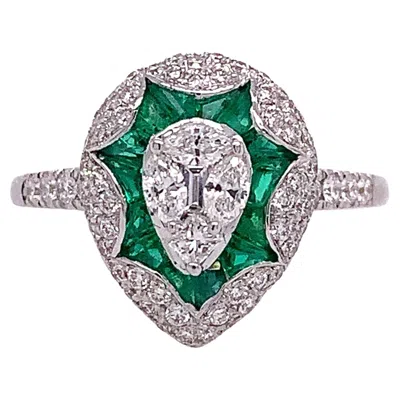 Pre-owned Ruchi New York Ruchi Pavé Diamond And Emerald White Gold Teardrop Ring