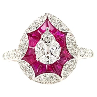 Pre-owned Ruchi New York Ruchi Pavé Diamond And Ruby White Gold Teardrop Ring