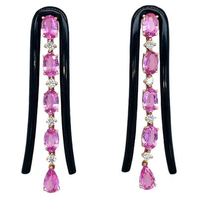 Pre-owned Ruchi New York Ruchi Pink Sapphire And Black Agate U-shape Rose Gold Dangle Earrings In Red