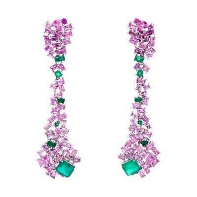 Pre-owned Ruchi New York Ruchi Pink Sapphire And Emerald White Gold Geometric Dangle Earrings