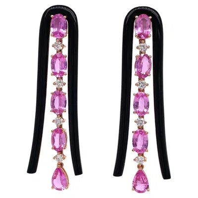 Pre-owned Ruchi New York Ruchi Pink Sapphire, Black Agate And Diamond Yellow Gold U-shape Dangle Earrings