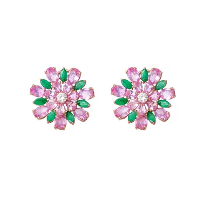 Pre-owned Ruchi New York Ruchi Pink Sapphire, Emerald And Diamond Rose Gold Flower Stud Earrings In Red