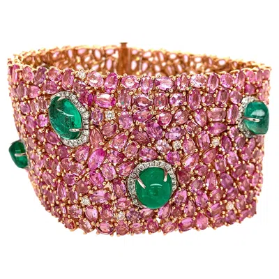 Pre-owned Ruchi New York Ruchi Pink Sapphire, Emerald And Diamond Rose Gold Wide Bracelet In Red