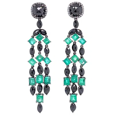 Pre-owned Ruchi New York Ruchi Rosecut Black Diamond & Mixed Shape Emerald Black Rhodium Dangle Earrings In Green