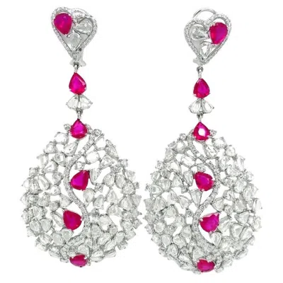Pre-owned Ruchi New York Ruchi Rose-cut Diamond And Pear-shape Ruby White Gold Dangle Earrings