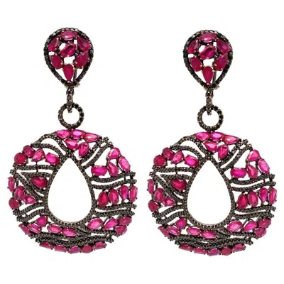 Pre-owned Ruchi New York Ruchi Ruby And Black Diamond Black Rhodium Dangle Earrings